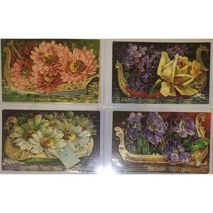 Lot Of Four Vintage Antique Embossed Postcards Flowers Birthday Boats